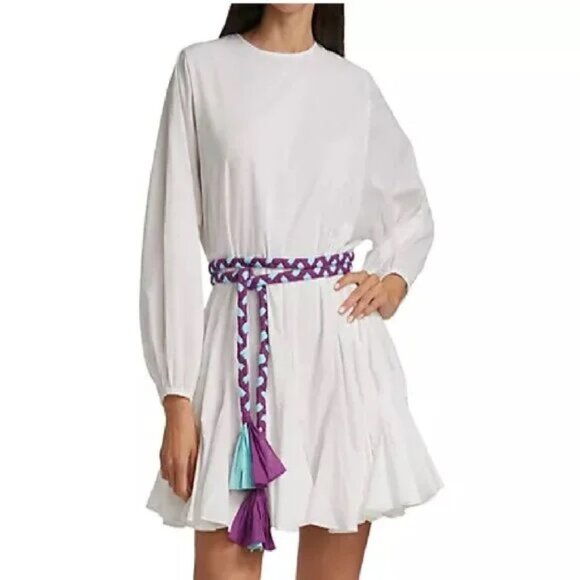 NEW $428 RHODE ELLA FLOWY WHITE MINI DRESS W/MULTICOLOR BRAIDED BELT SIZE M - Picture 1 of 9